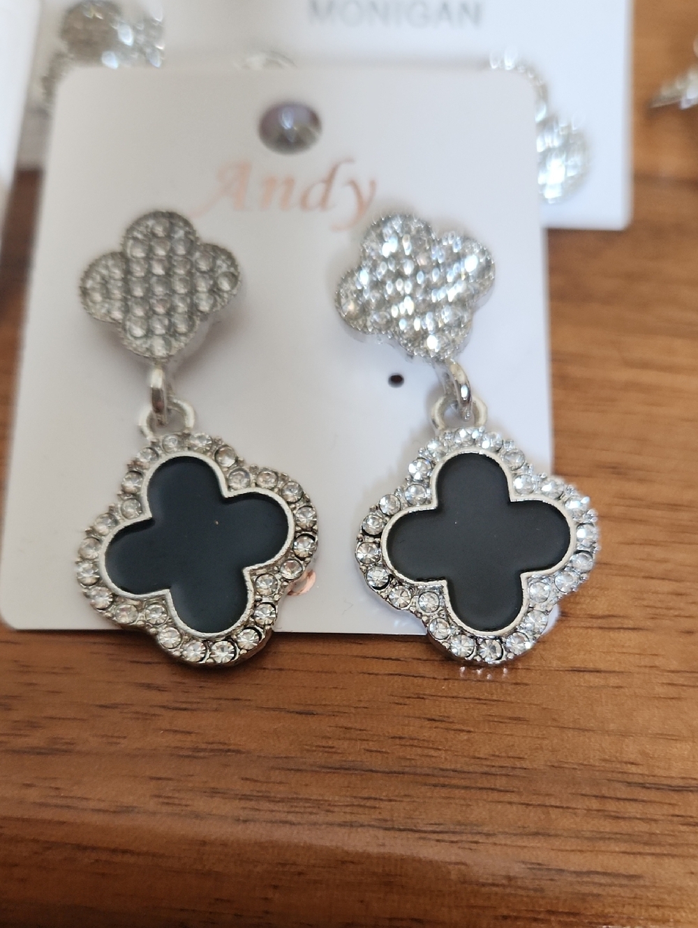 Fashion Jewelry Silver-Tone Black Clover Drop Earrings